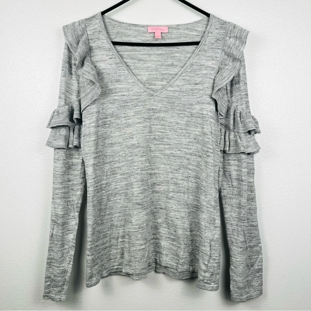 Lilly Pulitzer Large Fresca Ruffled Heather Gray Wool V-Neck Pullover Sweater